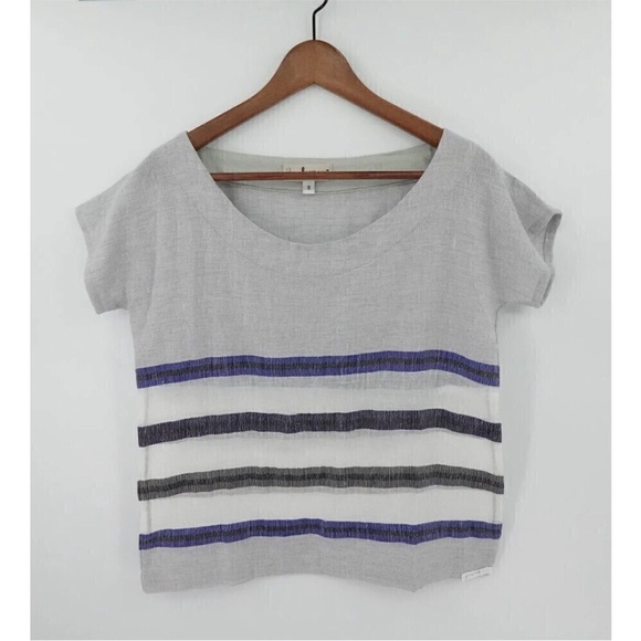 Lemlem Tops - Lemlem Gray and Blue Striped Short Sleeve Top